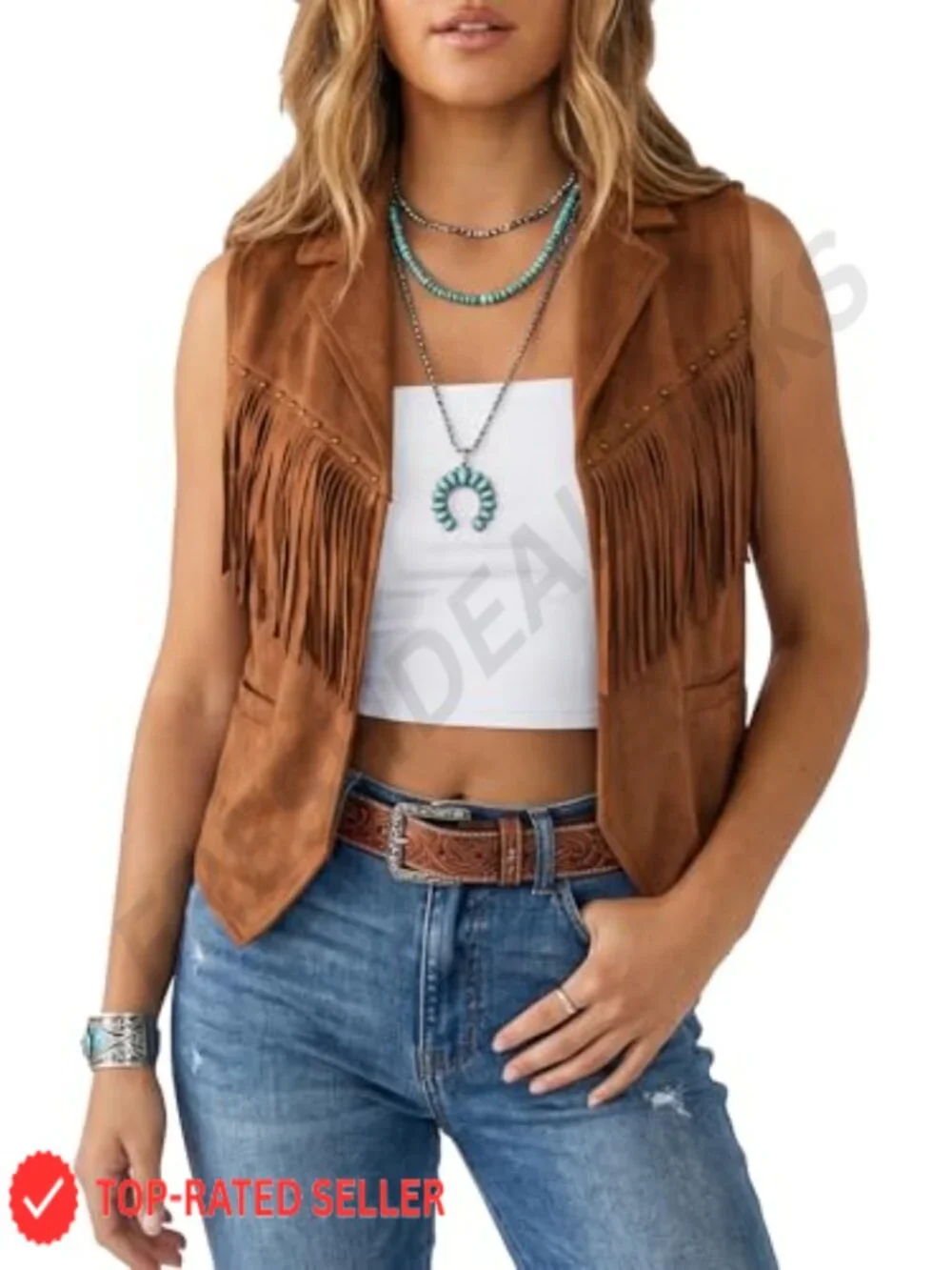Women's Faux Suede Fringe Vest Sleeveless Crop Waistcoat Studded Lapel Western